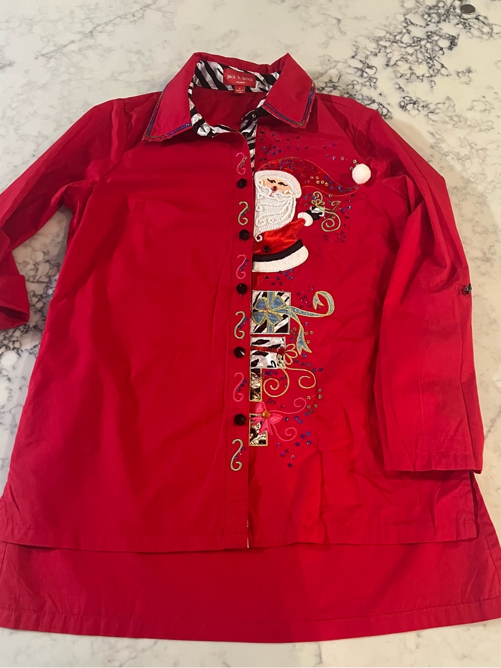 Jack B Quick Blouse Red Christmas Sequined Beaded Santa Shirt Button Up  Small